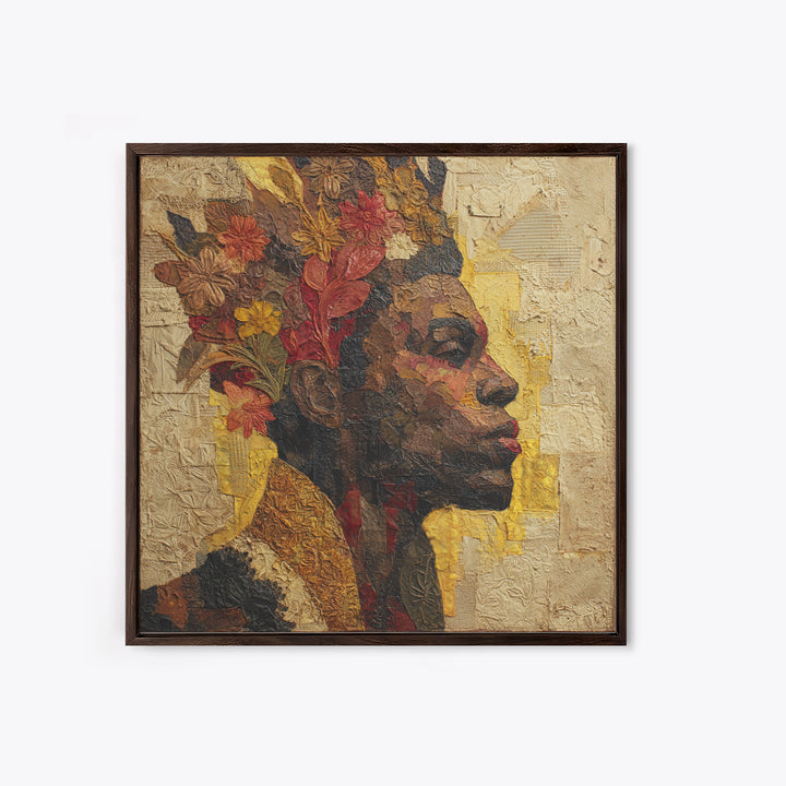 Expressive Portrait with Ornate Floral Background and Canvas Print, African Inspired Art, Fine Art Print, Living Room Decor, AIA-1x1-29