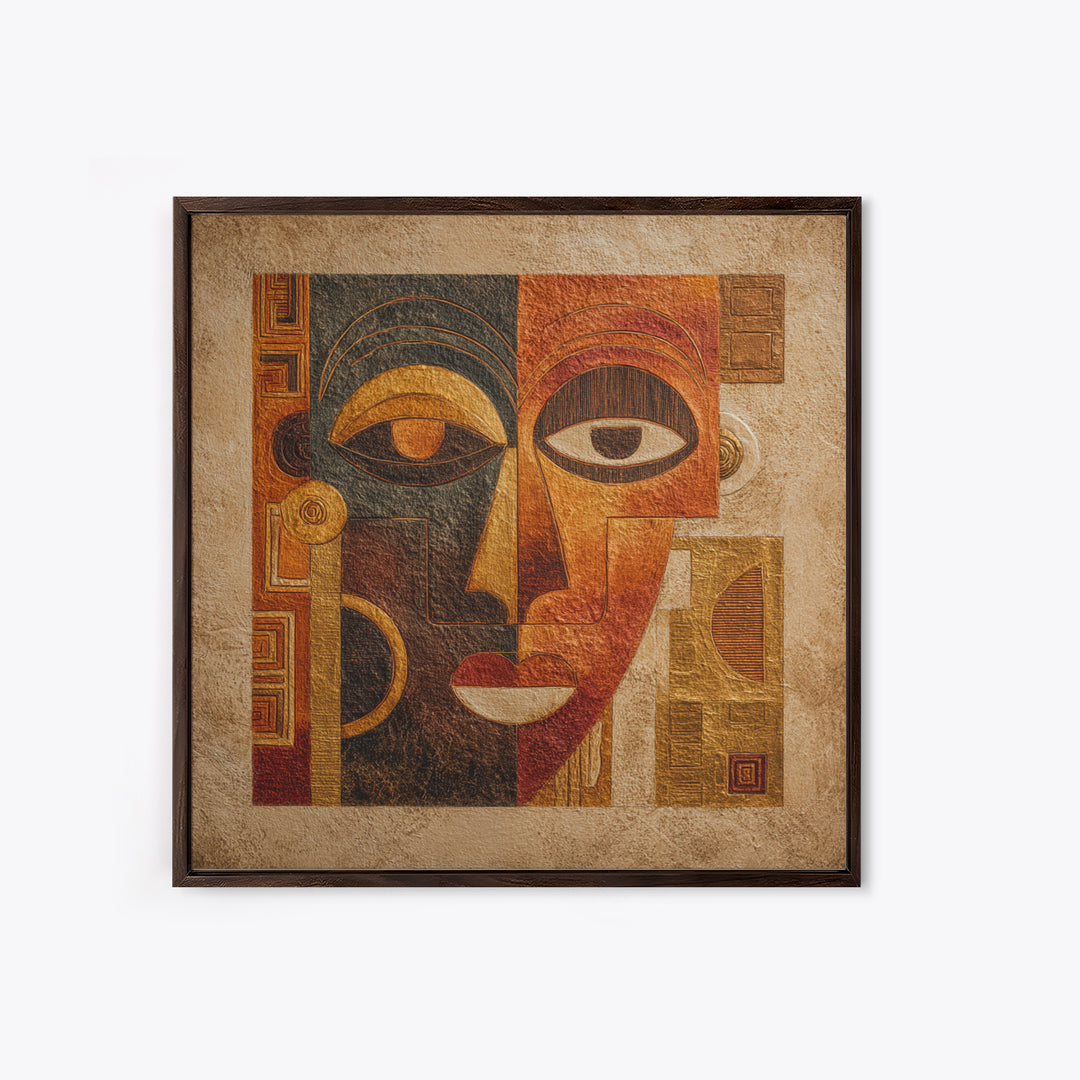 Minimalist African Line Art Faces on Parchment Canvas Print, African Inspired Art, African Wall Art, Living Room Decor, AIA-1x1-34