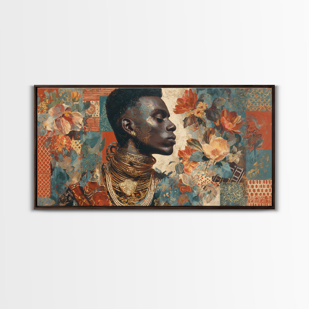 Expressive Portrait with Ornate Floral Background and Canvas Print, African Inspired Art, Abstract Art, Living Room Decor, AIA-2x1-49