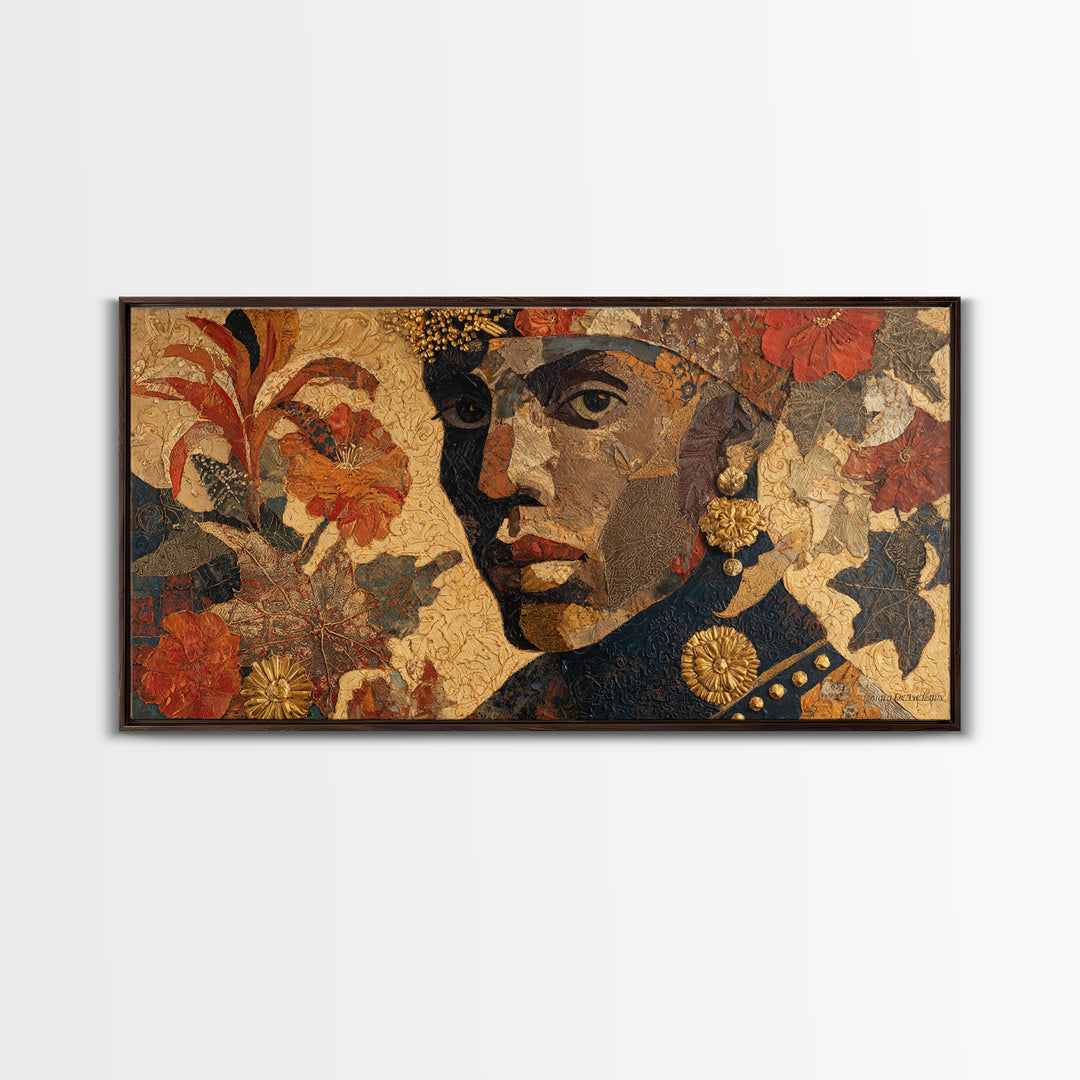 Expressive Portrait with Ornate Floral Background and Canvas Print, African Inspired Art, Abstract Art, Living Room Decor, AIA-2x1-73