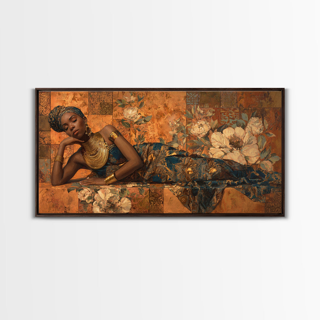 Expressive Portrait with Ornate Floral Background and Canvas Print, African Inspired Art, Modern Wall Art, Living Room Decor, AIA-2x1-97