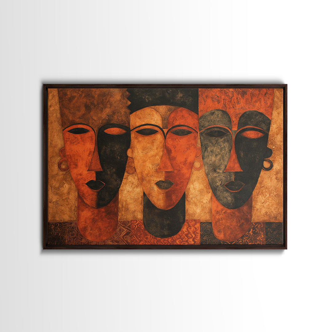Minimalist African Line Art Faces on Parchment Canvas Print, African Inspired Art, Removable Wallpaper, Living Room Decor, AIA-3x2-86