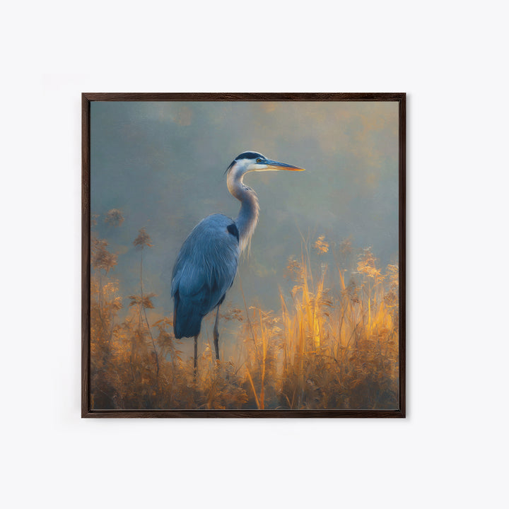 Blue Heron Standing Framed Canvas Print, Animal Art, Digital Wall Art, Living Room Decor, Fine Art, Creature, Modern Wall Art, ANI-1x1-11