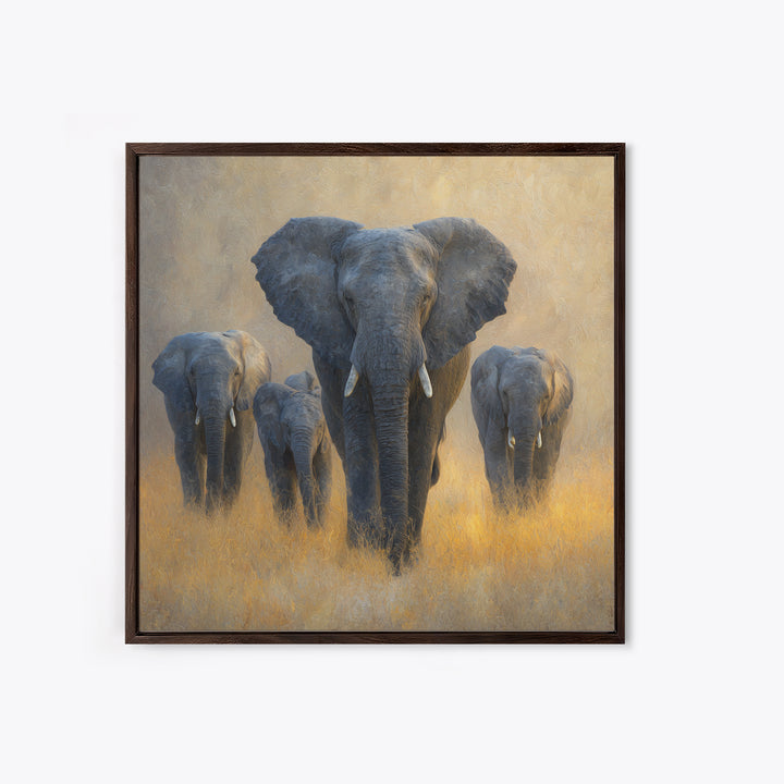 Elephant Family Walking Through Dusty Golden Light Canvas Print, Animal Art, Living Room Decor, Creature, Fine Art Print, ANI-1x1-14