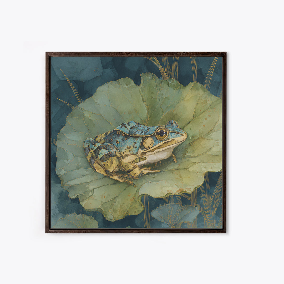 Frog on a Lotus Leaf Canvas Print, Animal Art, Digital Prints, Living Room Decor, Watercolor Art, Creature, Printable Art, ANI-1x1-20
