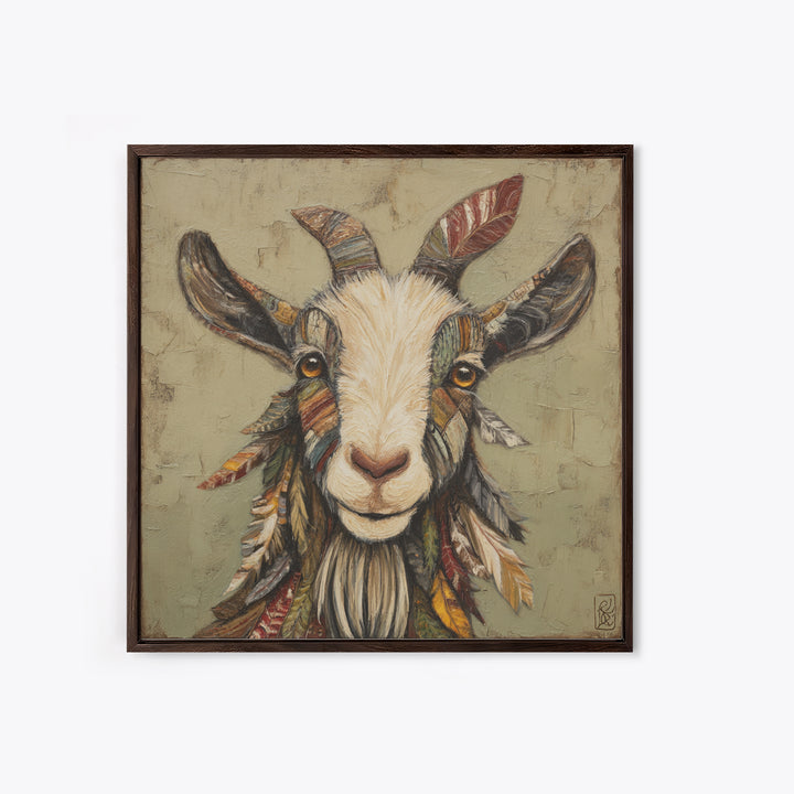 Goat Portrait with Rustic Folk Art Personality Framed Canvas Print, Animal Art, Cat Art, Living Room Decor, Fine Art, Creature, ANI-1x1-21