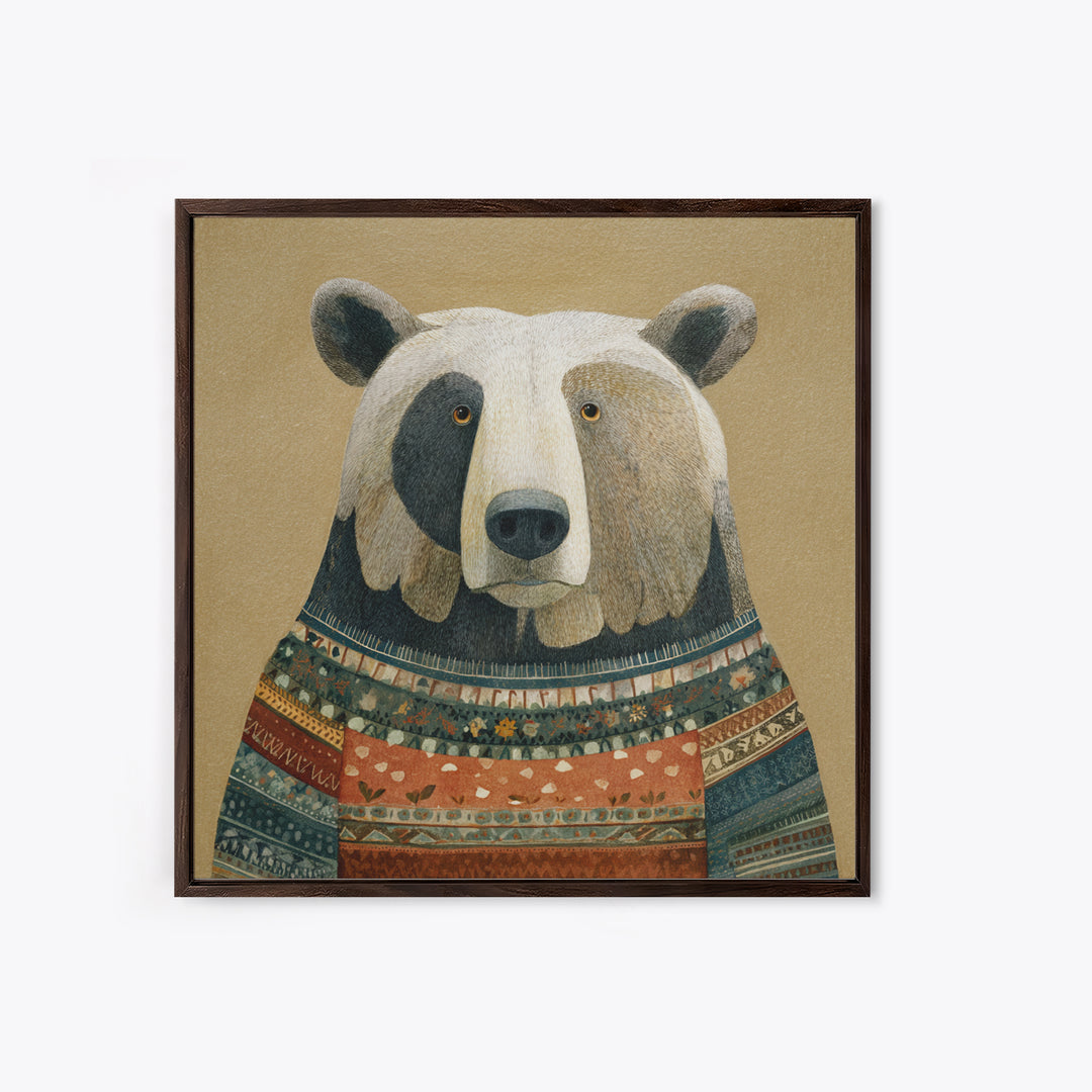 Whimsical Bear in a Patterned Sweater with Canvas Print, Animal Art, Modern Wall Art, Living Room Decor, Fine Art, Creature, ANI-1x1-26