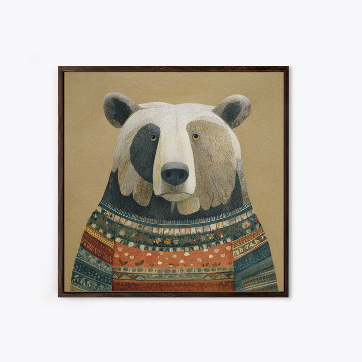 Whimsical Bear in a Patterned Sweater with Canvas Print, Animal Art, Modern Wall Art, Living Room Decor, Fine Art, Creature, ANI-1x1-26