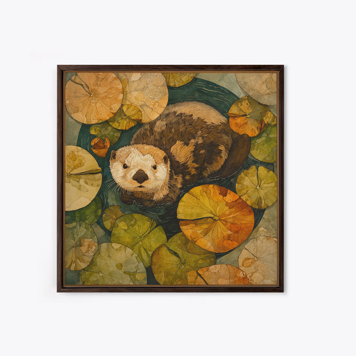 Playful Otter Floating Among Lily Pads Framed Canvas Print, Animal Art, Gallery Decor, Living Room Decor, Fine Art, Creature, ANI-1x1-32