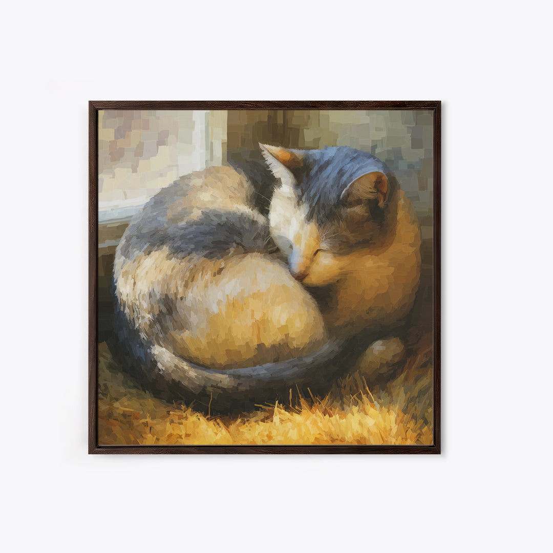 Sleeping Cat Curled Canvas Print, Animal Art, Printable Wall Art, Living Room Decor, Watercolor Art, Creature, Boho Wall Art, ANI-1x1-36