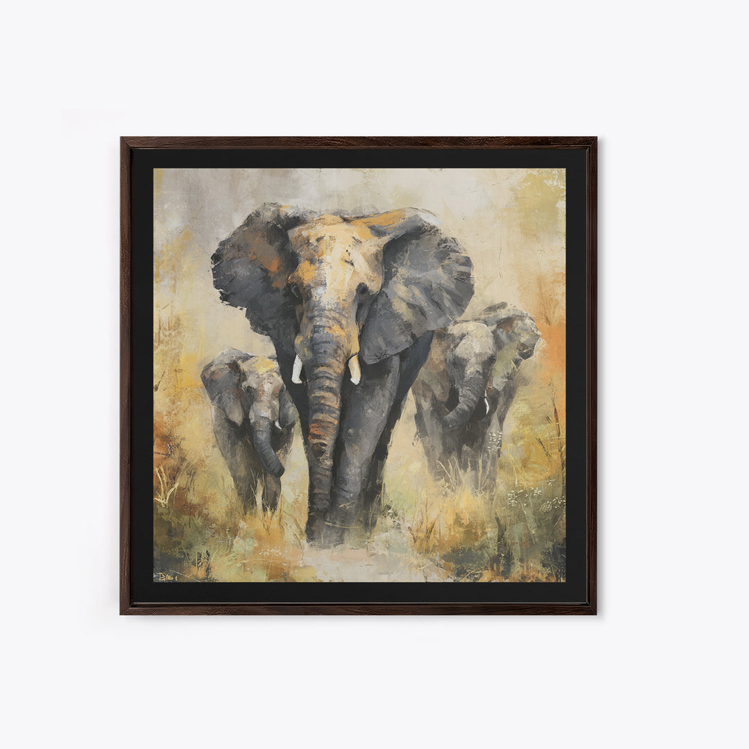 Elephant Family Walking Through Dusty Golden Light Canvas Print, Animal Art, Safari Nursery Decor, Living Room Decor, Creature, ANI-1x1-38