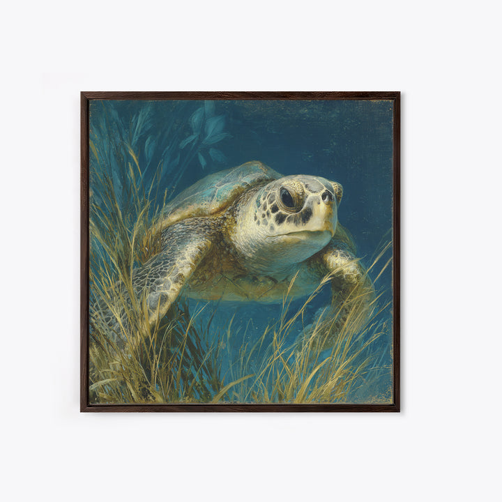 Sea Turtle Drifting Through Luminous Blue Water Canvas Print, Animal Art, Boho Wall Art, Living Room Decor, Creature, ANI-1x1-42