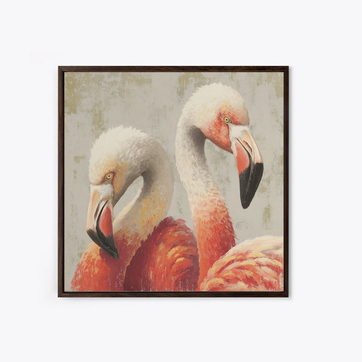 Flamingo Pair in Elegant Coral and Cream Framed Canvas Print, Animal Art, Farmhouse Decor, Living Room Decor, Oil Painting, ANI-1x1-43