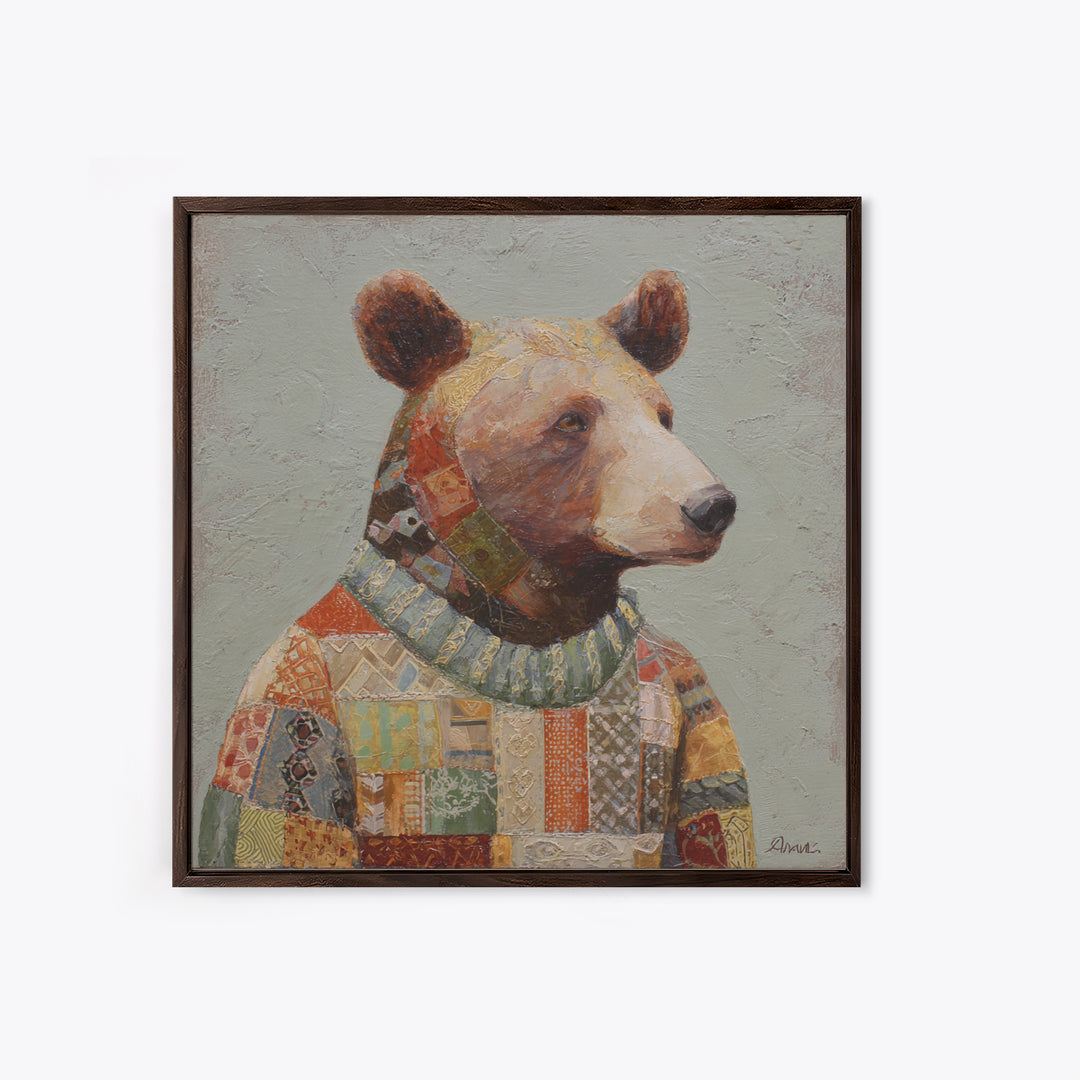 Whimsical Bear in a Patterned Sweater with Canvas Print, Animal Art, Modern Wall Art, Living Room Decor, Fine Art, Creature, ANI-1x1-50