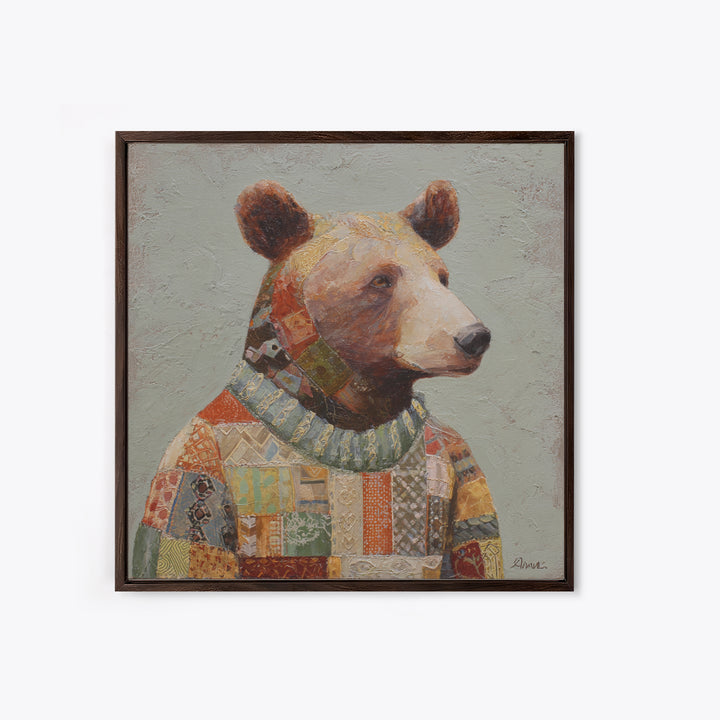Whimsical Bear in a Patterned Sweater with Canvas Print, Animal Art, Modern Wall Art, Living Room Decor, Fine Art, Creature, ANI-1x1-50