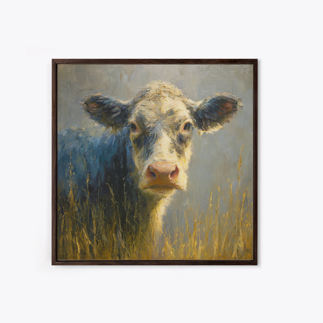 Gentle Cow Portrait Canvas Print, Animal Art, Trendy Wall Art, Living Room Decor, Fine Art, Creature, Textured Painting, ANI-1x1-55