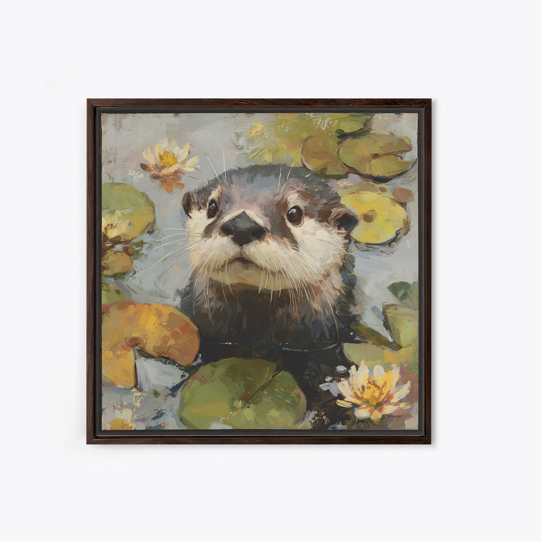 Playful Otter Floating Among Lily Pads Framed Canvas Print, Animal Art, Original Painting, Living Room Decor, Creature, ANI-1x1-56
