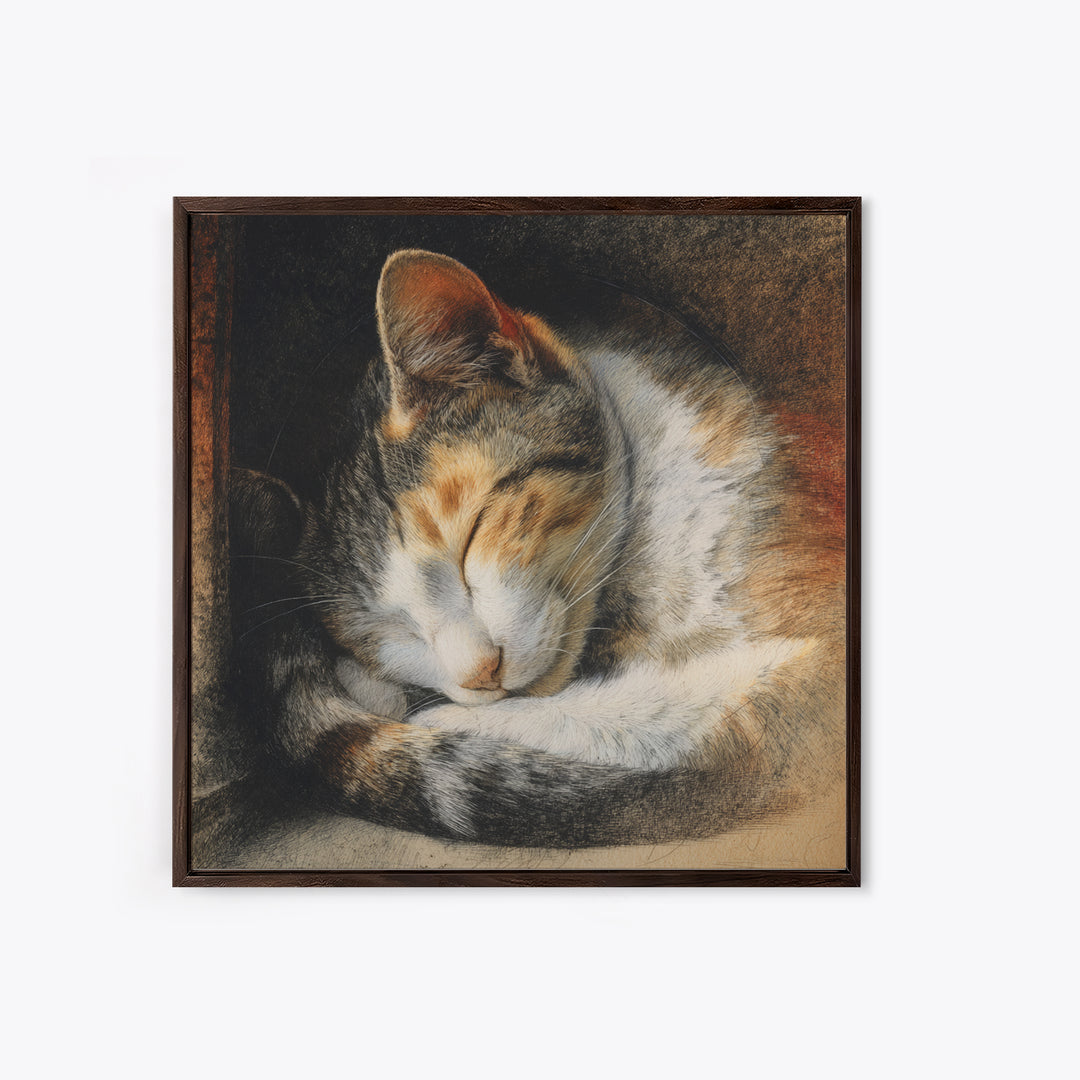 Sleeping Cat Curled Canvas Print, Animal Art, Nursery, Living Room Decor, Fine Art, Creature, Modern Decor, Fine Art Print, ANI-1x1-60