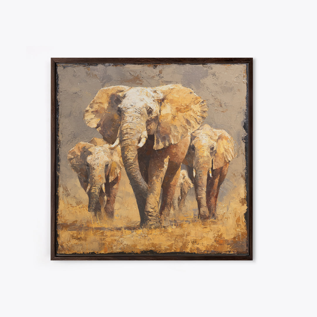 Elephant Family Walking Through Dusty Golden Light Canvas Print, Animal Art, Safari Nursery Decor, Living Room Decor, Creature, ANI-1x1-62