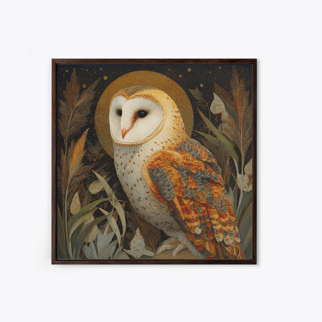 Owl with Moonlit Feathers and Celestial Accents Framed Canvas Print, Animal Art, Downloadable Art, Living Room Decor, Creature, ANI-1x1-63