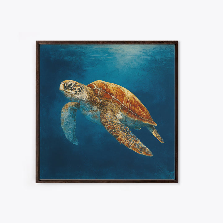 Sea Turtle Drifting Through Luminous Blue Water Canvas Print, Animal Art, Boho Wall Art, Living Room Decor, Creature, ANI-1x1-66