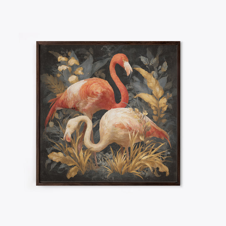 Flamingo Pair in Elegant Coral and Cream Framed Canvas Print, Animal Art, Gallery Decor, Living Room Decor, Fine Art, Creature, ANI-1x1-67