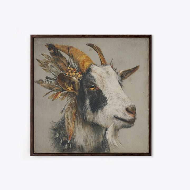 Goat Portrait with Rustic Folk Art Personality Canvas Print, Animal Art, Neutral Decor, Living Room Decor, Fine Art, Creature, ANI-1x1-69