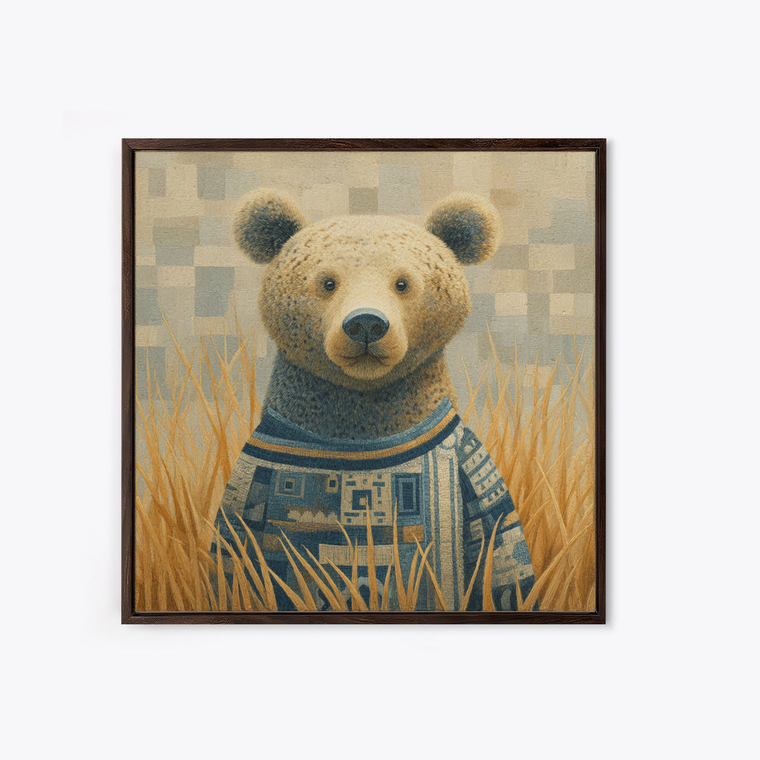 Whimsical Bear in a Patterned Sweater with Framed Canvas Print, Animal Art, Downloadable Art, Living Room Decor, Creature, ANI-1x1-74