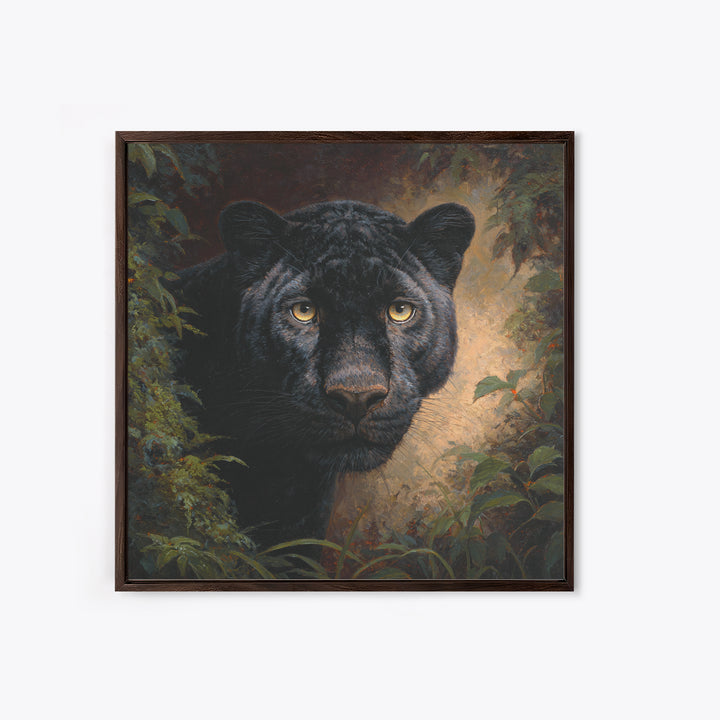 Dramatic Black Panther Emerging from Deep Jungle Framed Canvas Print, Animal Art, Gallery Decor, Living Room Decor, Creature, ANI-1x1-78