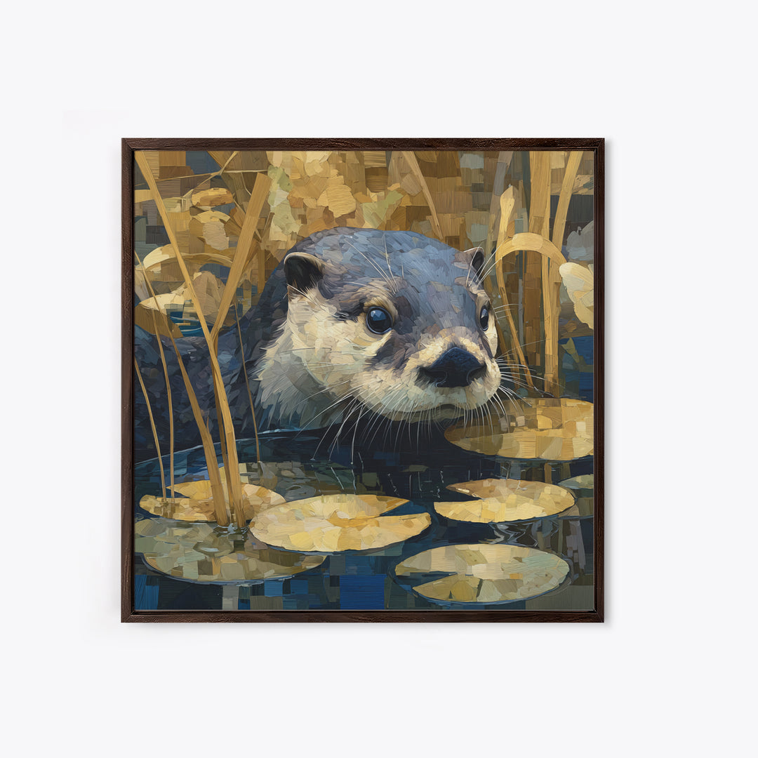 Playful Otter Floating Among Lily Pads Framed Canvas Print, Animal Art, Printable, Living Room Decor, Fine Art, Creature, ANI-1x1-8