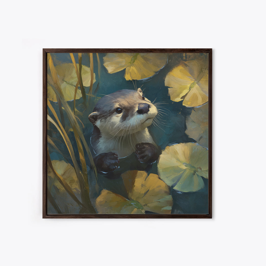 Playful Otter Floating Among Lily Pads Framed Canvas Print, Animal Art, Modern Decor, Living Room Decor, Fine Art, Creature, ANI-1x1-80