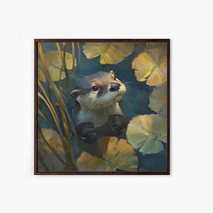 Playful Otter Floating Among Lily Pads Framed Canvas Print, Animal Art, Modern Decor, Living Room Decor, Fine Art, Creature, ANI-1x1-80
