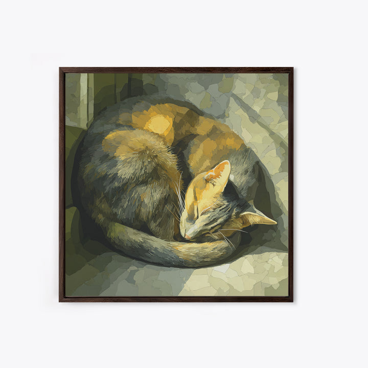 Sleeping Cat Curled Framed Canvas Print, Animal Art, Cat Art, Living Room Decor, Abstract Art, Creature, Art Print, ANI-1x1-84