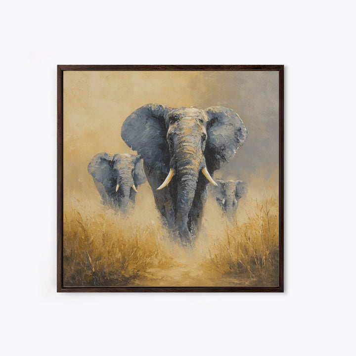 Elephant Family Walking Through Dusty Golden Light Canvas Print, Animal Art, Modern Decor, Living Room Decor, Creature, ANI-1x1-86