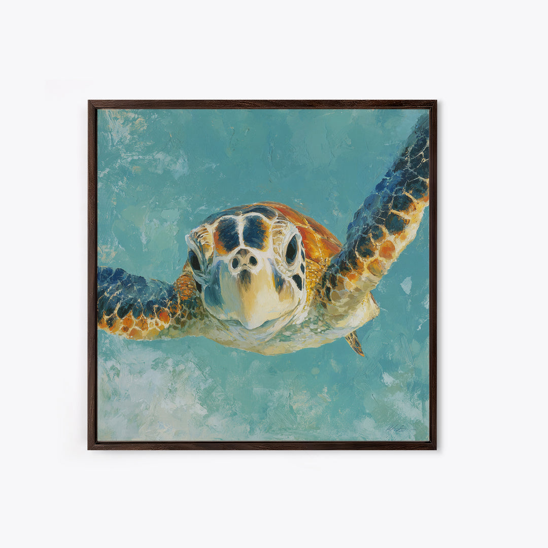 Sea Turtle Drifting Through Luminous Blue Water Canvas Print, Animal Art, Trendy Wall Art, Living Room Decor, Creature, ANI-1x1-90