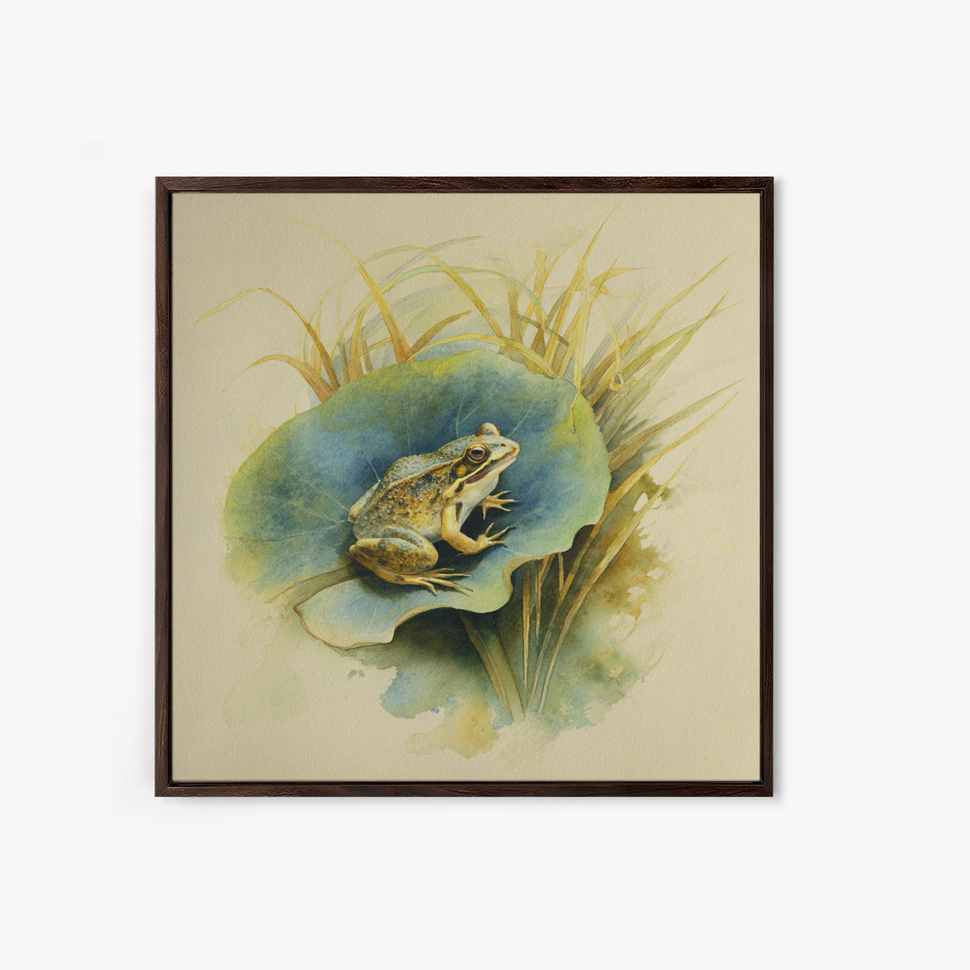 Frog on a Lotus Leaf Canvas Print, Animal Art, Trendy Wall Art, Living Room Decor, Watercolor Art, Creature, Textured Painting, ANI-1x1-92