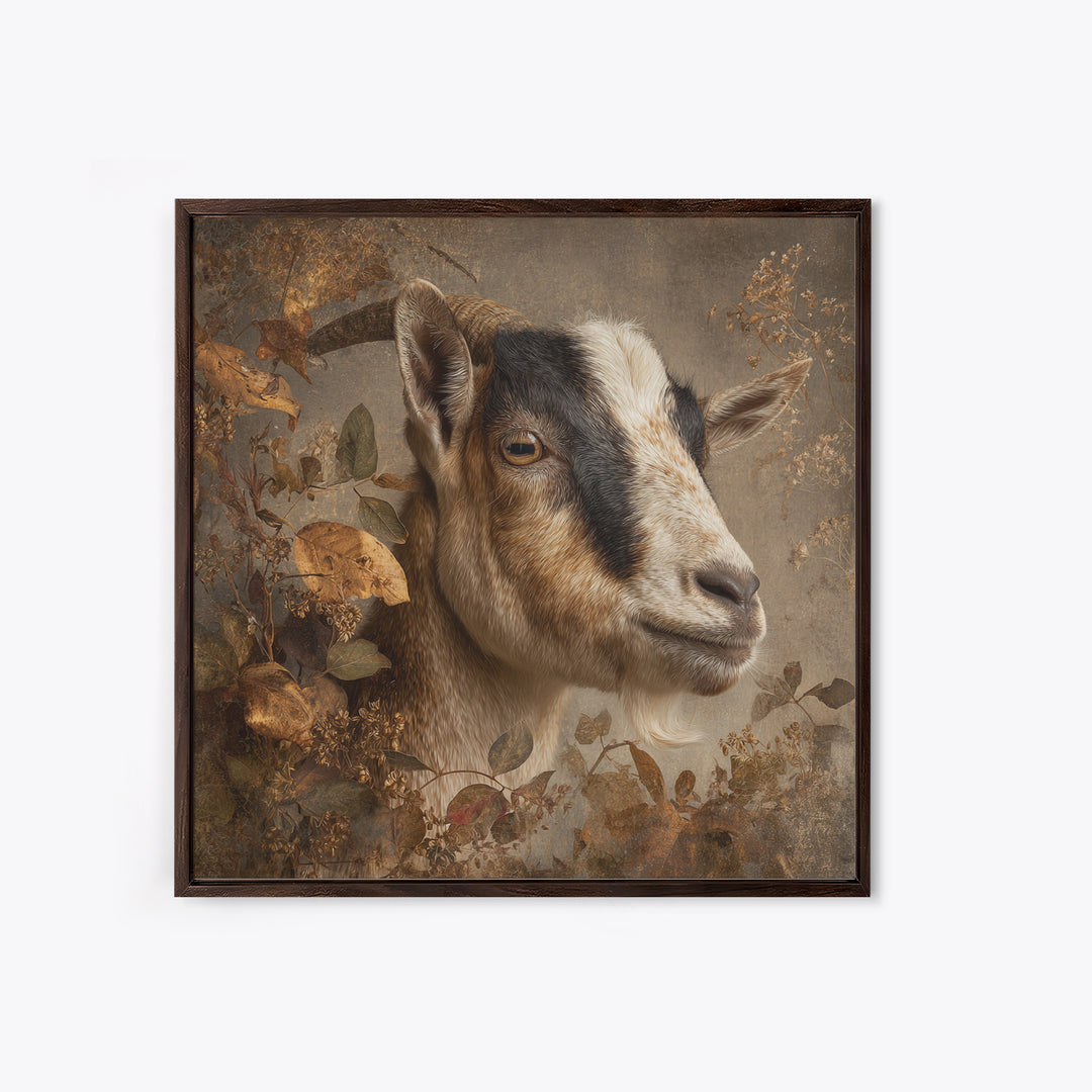 Goat Portrait with Rustic Folk Art Personality Framed Canvas Print, Animal Art, Luxury Decor, Living Room Decor, Oil Painting, ANI-1x1-93
