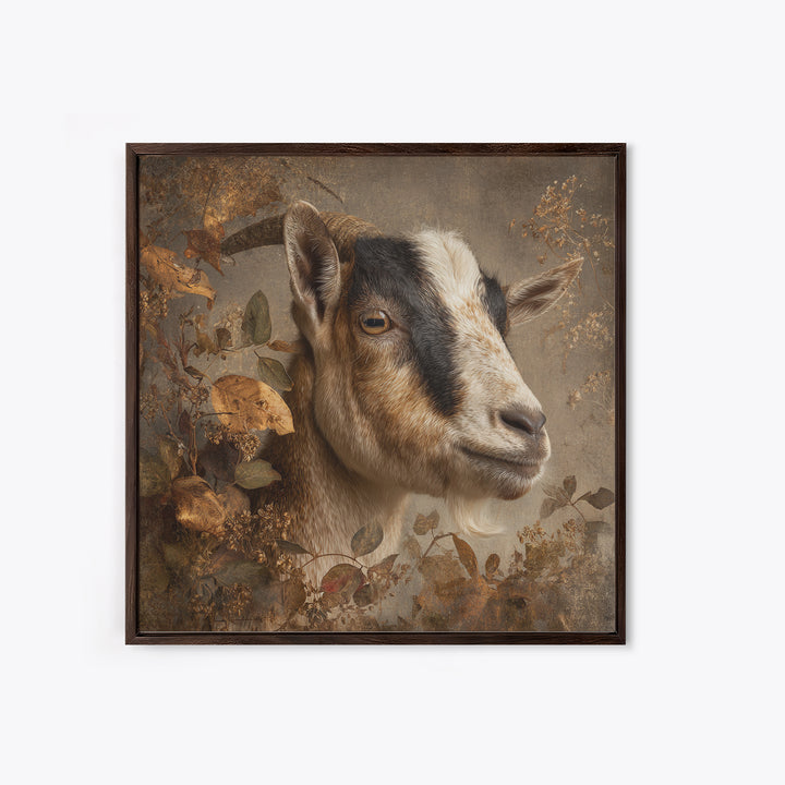 Goat Portrait with Rustic Folk Art Personality Framed Canvas Print, Animal Art, Luxury Decor, Living Room Decor, Oil Painting, ANI-1x1-93