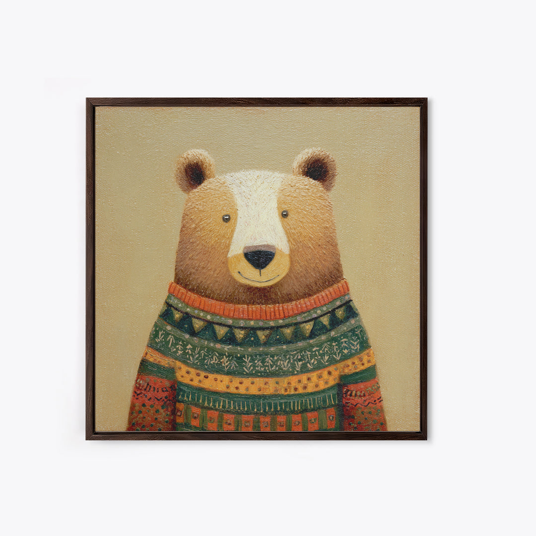 Whimsical Bear in a Patterned Sweater with Canvas Print, Animal Art, Boho Decor, Living Room Decor, Fine Art, Creature, ANI-1x1-98