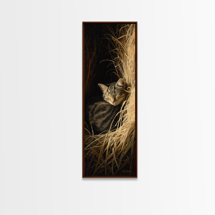 Sleeping Cat Curled Framed Canvas Print, Animal Art, Art Print, Living Room Decor, Fine Art, Creature, Digital Art, Printable, ANI-1x3-24
