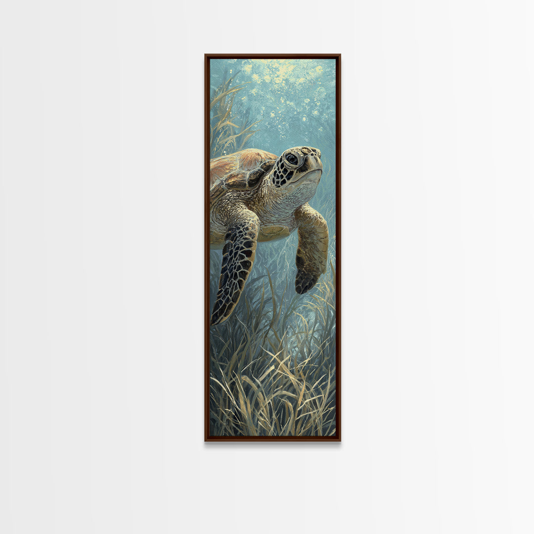 Sea Turtle Drifting Through Luminous Blue Water Canvas Print, Animal Art, Modern Wall Art, Living Room Decor, Creature, ANI-1x3-30