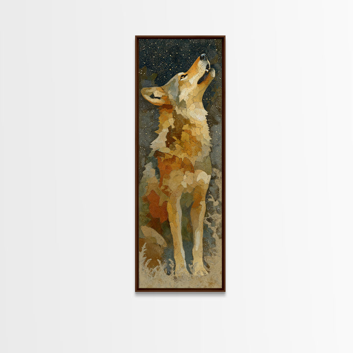 Wolf Silhouette Beneath a Star Filled Sky Framed Canvas Print, Animal Art, Nursery Art, Living Room Decor, Watercolor Art, ANI-1x3-34