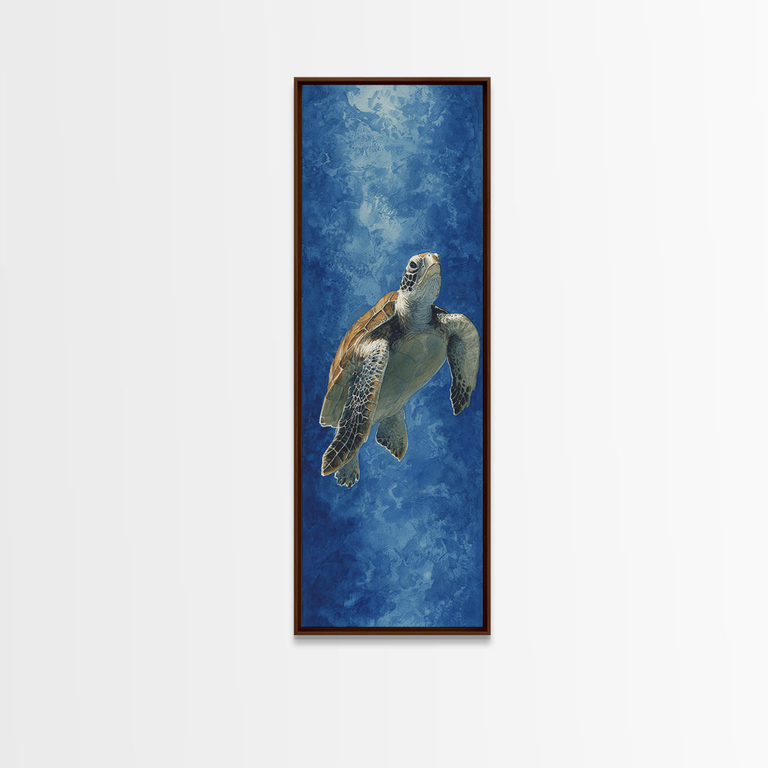 Sea Turtle Drifting Through Luminous Blue Water Canvas Print, Animal Art, Modern Wall Art, Living Room Decor, Creature, ANI-1x3-54