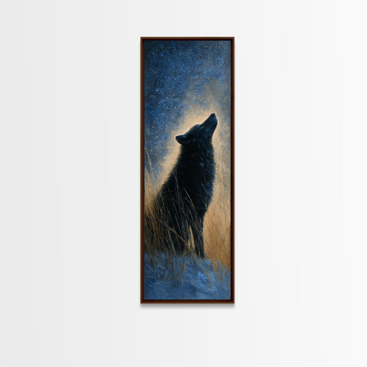 Wolf Silhouette Beneath a Star Filled Sky Framed Canvas Print, Animal Art, Nursery Art, Living Room Decor, Watercolor Art, ANI-1x3-58