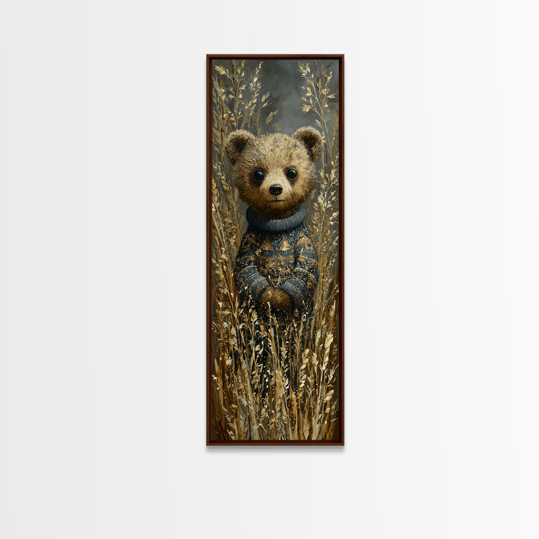 Whimsical Bear in a Patterned Sweater with Framed Canvas Print, Animal Art, Neutral Decor, Living Room Decor, Creature, ANI-1x3-62