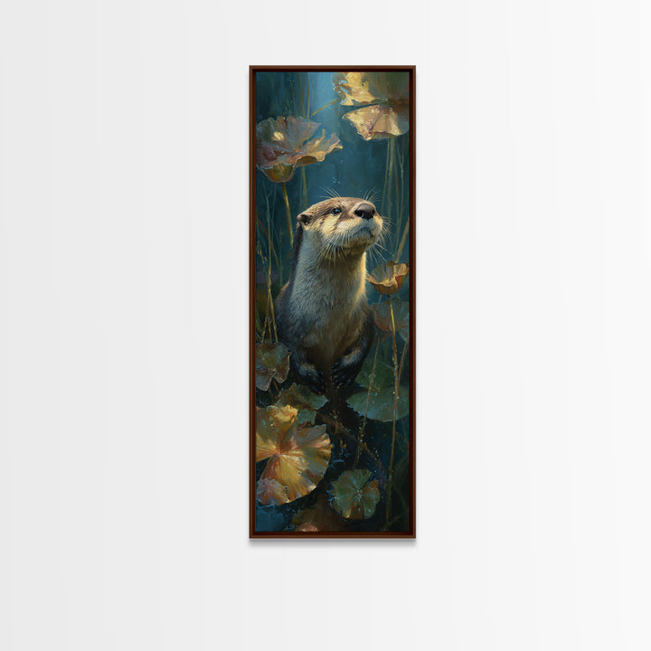 Playful Otter Floating Among Lily Pads Canvas Print, Animal Art, Oil Painting, Living Room Decor, Fine Art, Creature, ANI-1x3-68