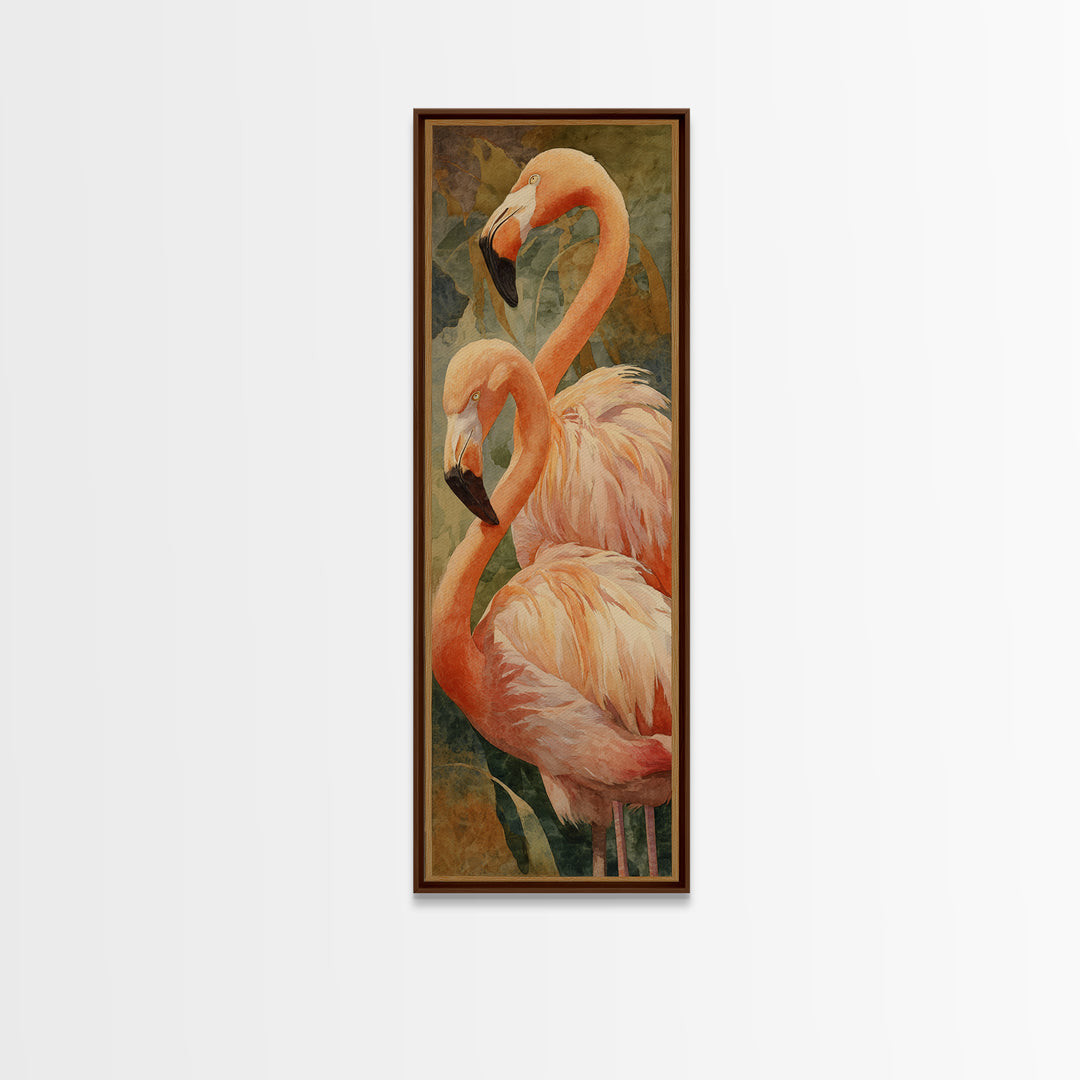 Flamingo Pair in Elegant Coral and Cream Framed Canvas Print, Animal Art, Digital Print, Living Room Decor, Fine Art, Creature, ANI-1x3-79