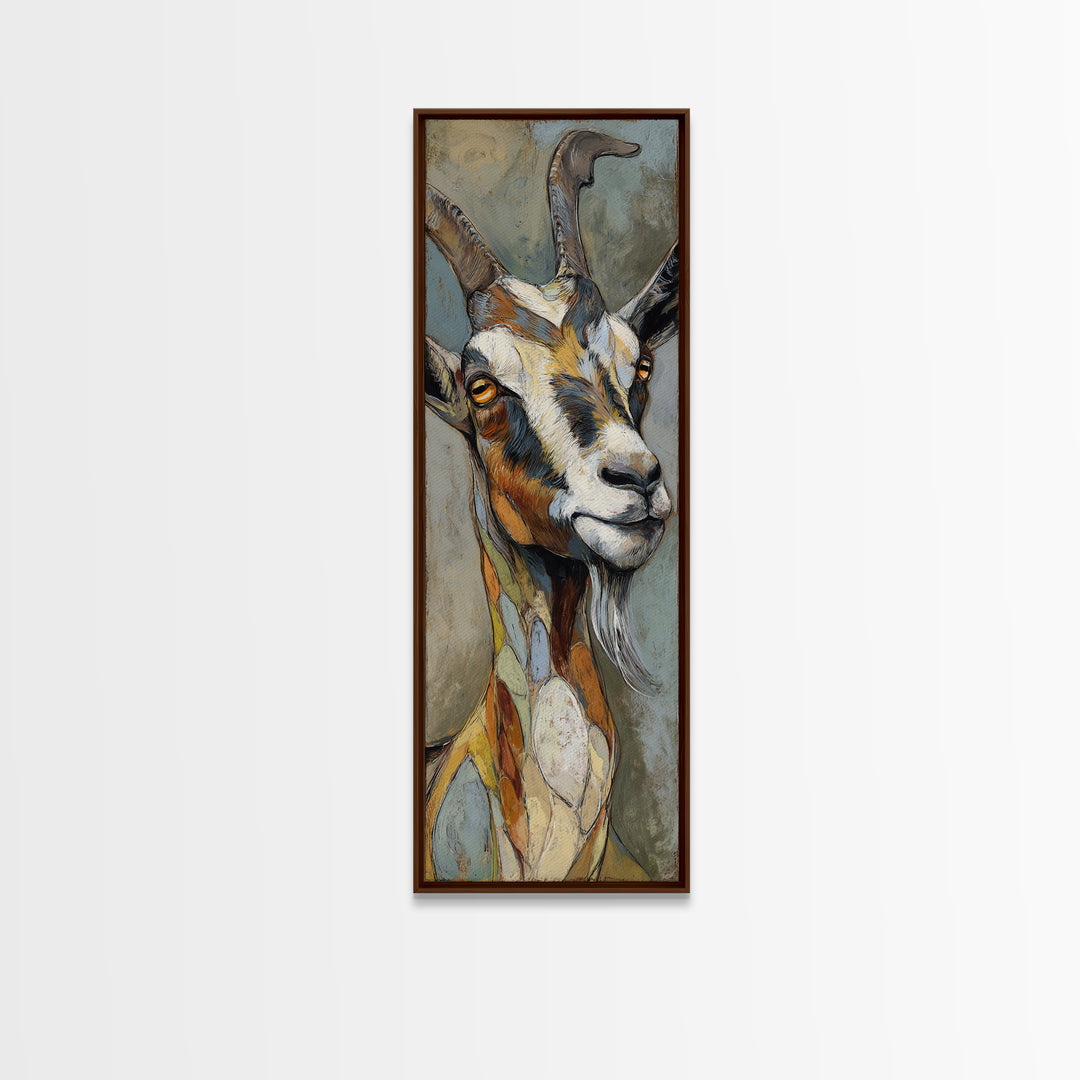 Goat Portrait with Rustic Folk Art Personality Canvas Print, Animal Art, Neutral Decor, Living Room Decor, Fine Art, Creature, ANI-1x3-9