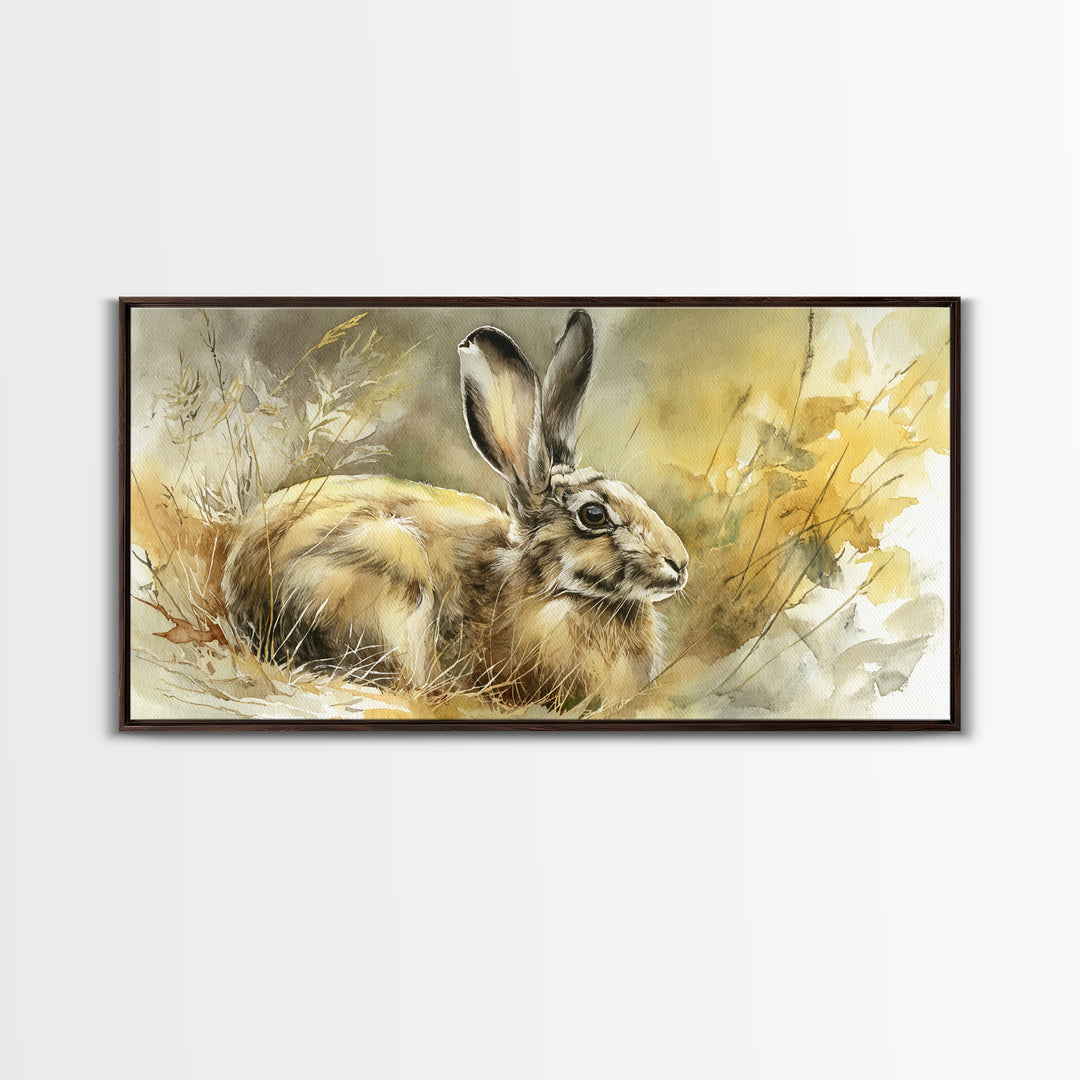 Curious Rabbit in a Soft Watercolor Meadow Framed Canvas Print, Animal Art, Living Room Decor, Oil Painting, Creature, ANI-2x1-1