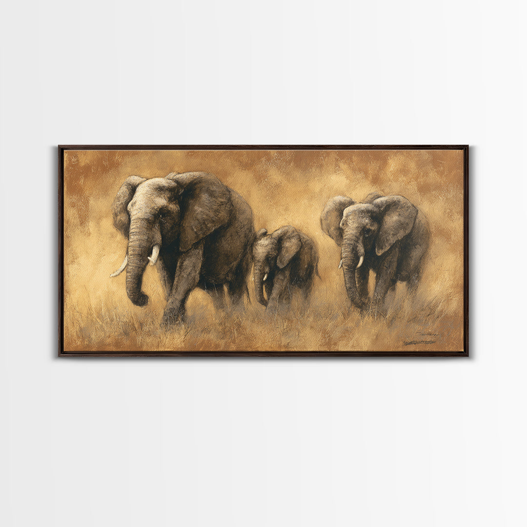 Elephant Family Walking Through Dusty Golden Light Framed Canvas Print, Animal Art, Art Print, Living Room Decor, Creature, ANI-2x1-10